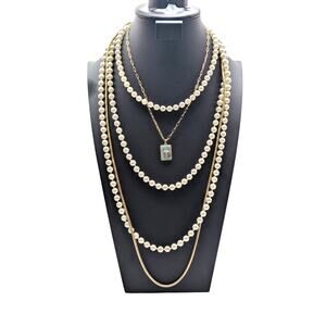 Lot of 4 Gold Tone Necklaces-Short Pearl Long Pearl Long Snake Chain & Cross